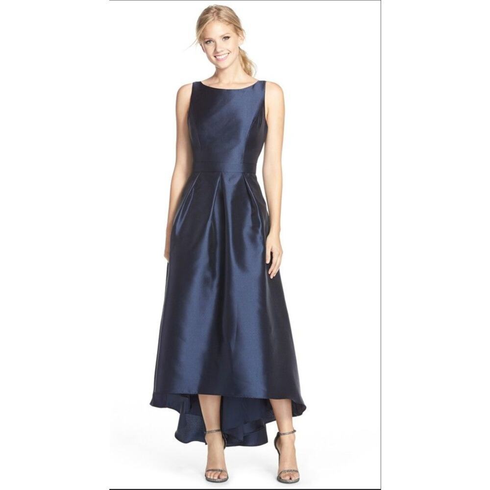 Alfred Sung D706 midnight blue hi-low satinl open back dress Size 6 Wedding